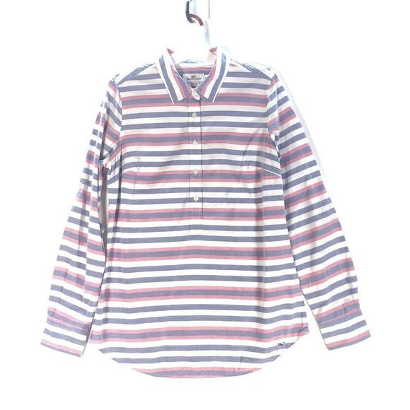 Vineyard Vines Button Up Popover Ladies 6 Blue Red Striped Cotton Long Sleeve - Picture 1 of 10